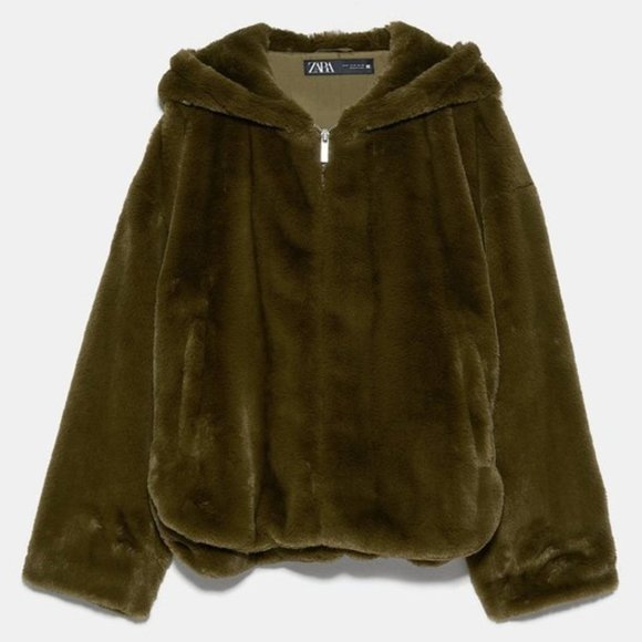 Zara FAUX FUR JACKET-MID KHAKI/green/olive - XS - Picture 1 of 8